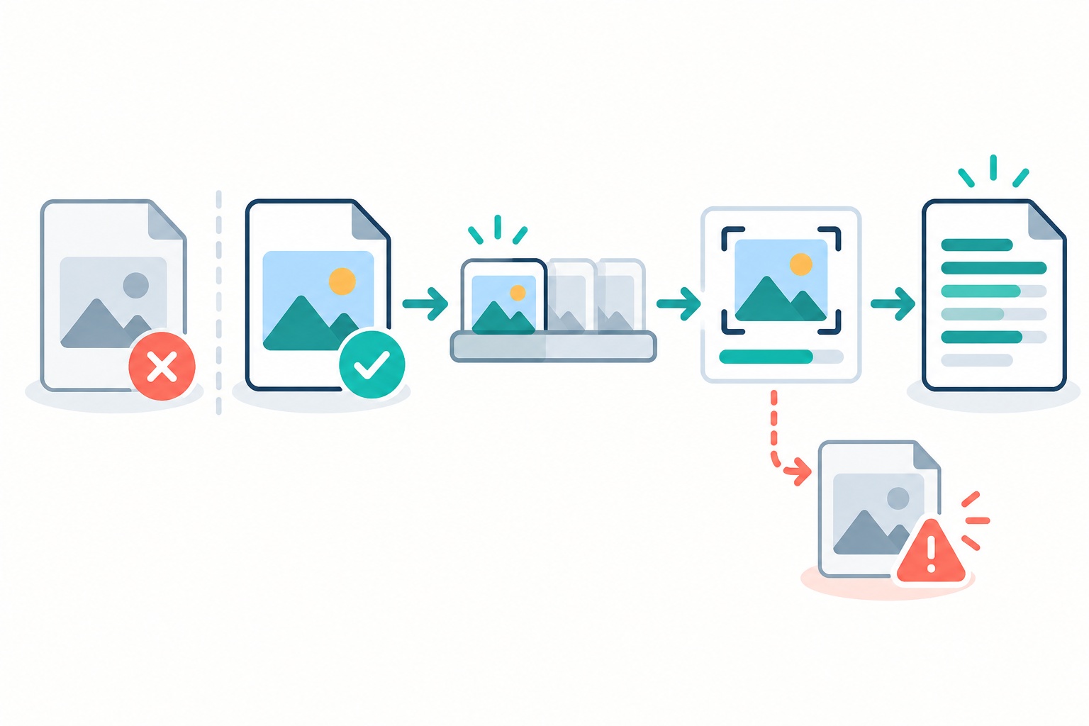 An unsupported image file is rejected, a supported image enters the queue, and OCR produces editable text or a read warning