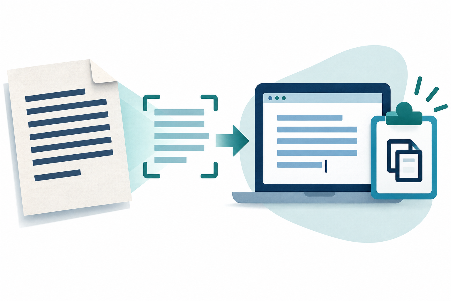 Printed text from an image is recognized into an editable panel beside a clipboard