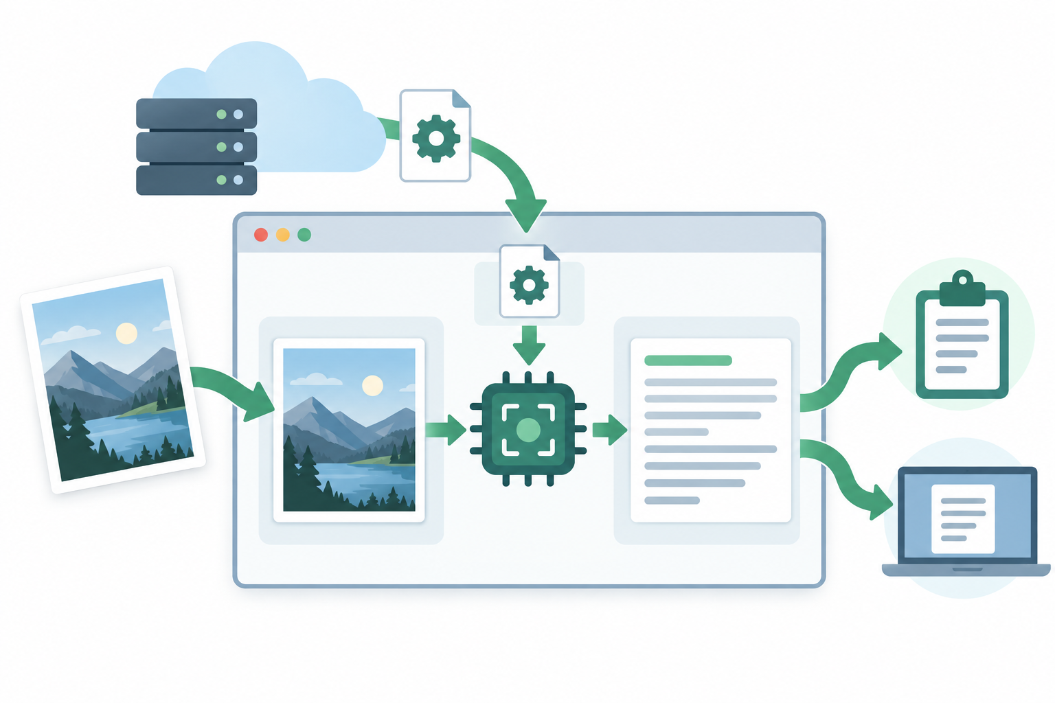 A photo is read by an OCR engine inside a browser; engine files flow into the browser while the photo stays local
