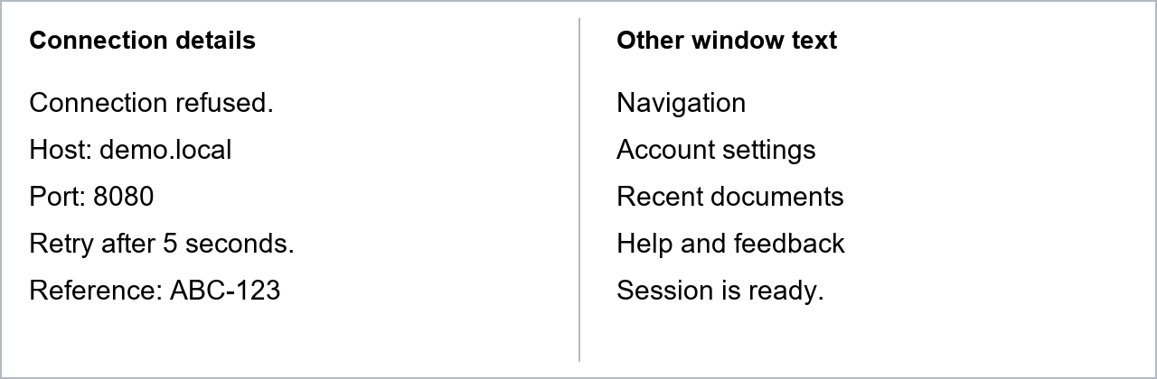 Test window with a connection error on the left and unrelated navigation on the right